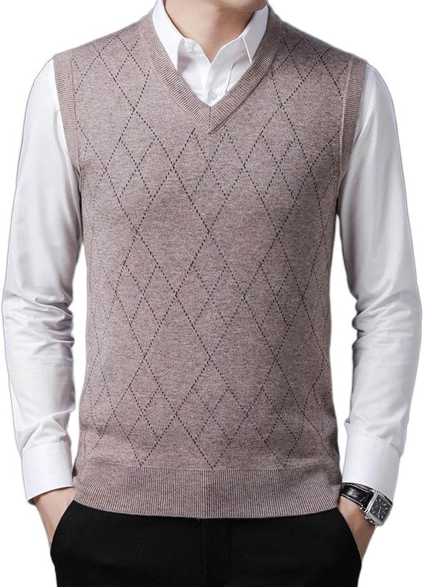 Argyle Gebreid Vest Met V-Hals, Klassiek Mouwloos Vest Verdikt Heren Kasjmier Trui Vest Herenkleding, Business Gentleman Knitwear Gebreid Vest Sweater Tank Tops,Camel,S