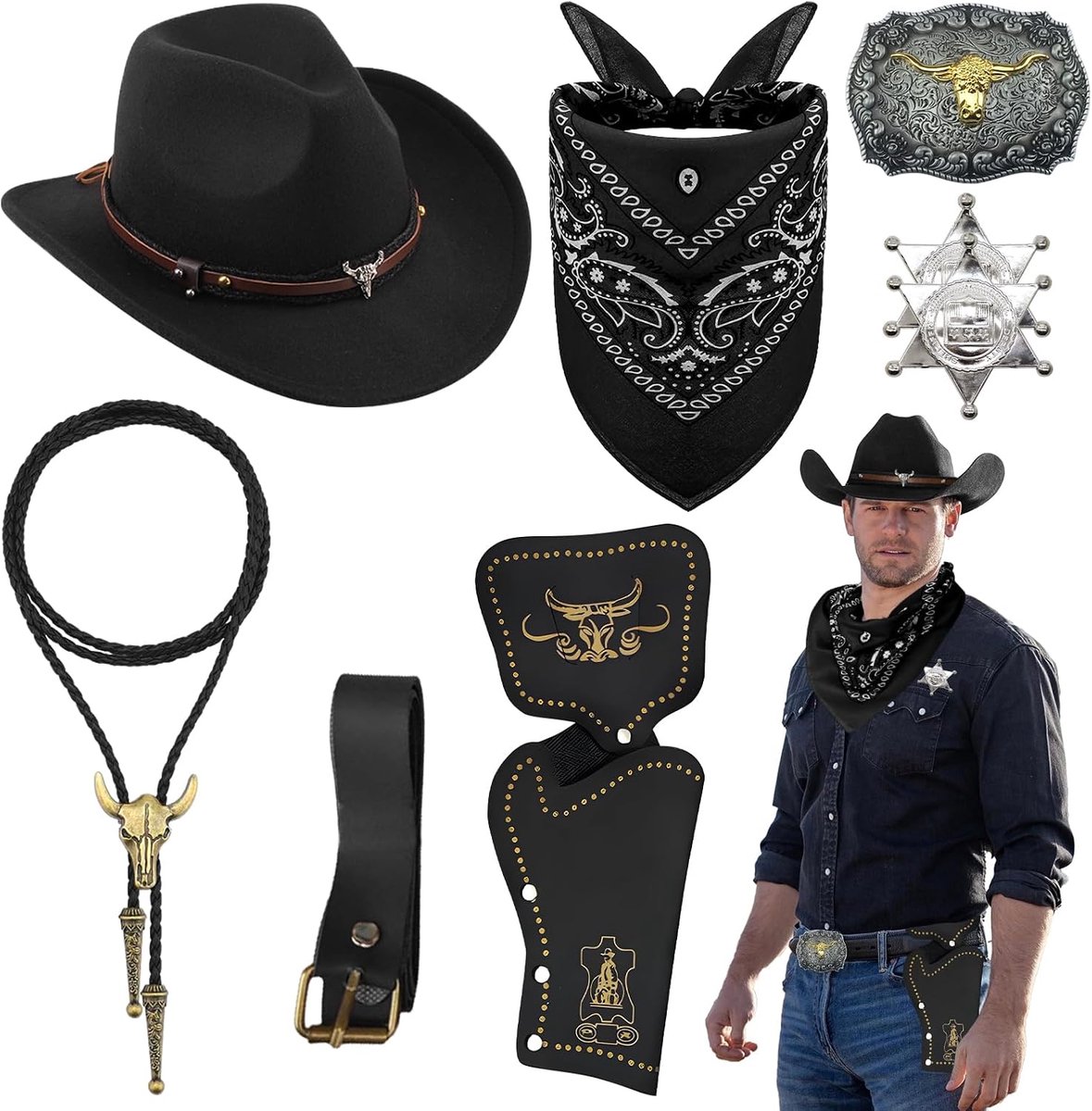 8 stuks cowboykostuum accessoireset, deluxe western cowboy outfit kit met bruine hoed paisley bandana holster riem bologesp stropdas halsketting sheriff badge voor heren hippie cosplay party