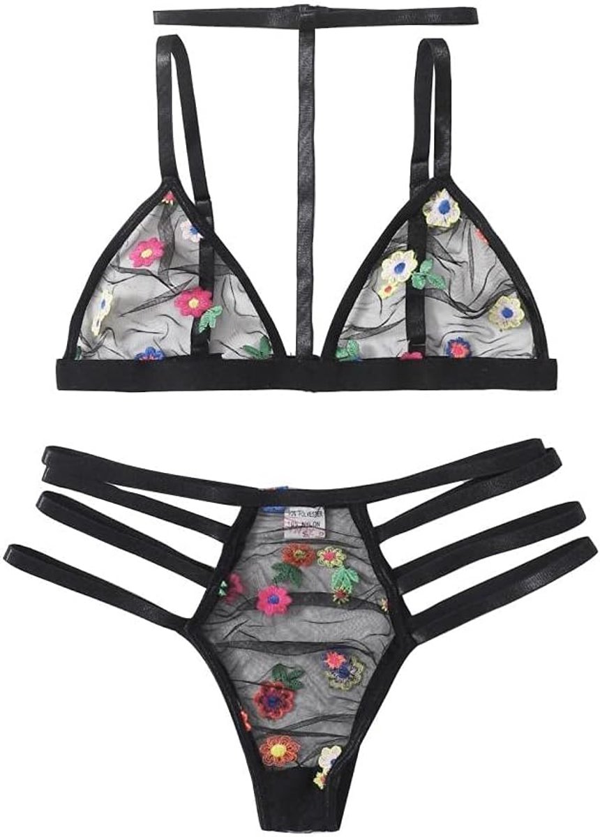 Dameskostuums Dames Ondergoed Set Zien Door Kant Sexy Lingerie Hollow Out Bra String Kostuums-Black_XXL