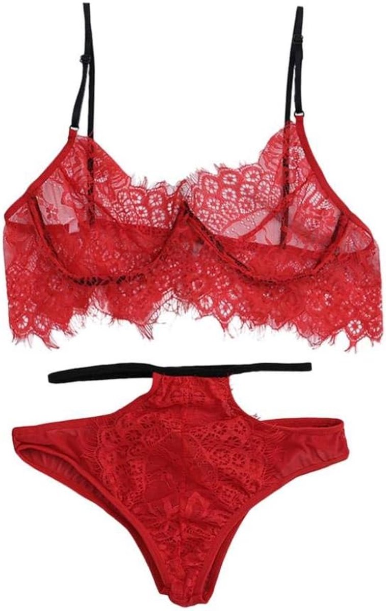 S-2XL Kant Sexy Lingerie Dames Ondergoed Perspectief Beha G-String Nachtkleding Hol Kostuum-Red_XXL
