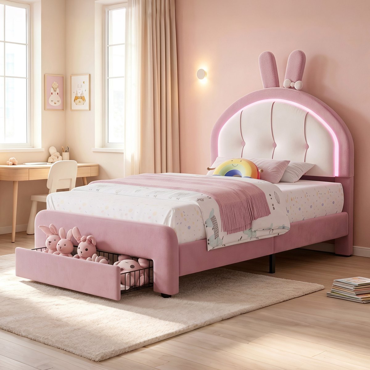 Yelenaro Kinderbed 90x200 cm, gestoffeerd bed met LED Verlichting, Meisjesbed in de vorm van een konijn, eenpersoonsbed met Opberglade, prinsessenbed, Fluweel Roze, zonder matras
