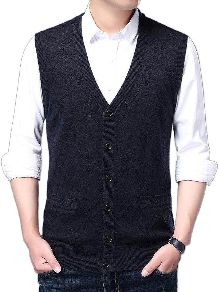 Argyle V-Hals Gebreid Vest Vest, Herfst En Winter Klassiek Vest Trend Casual Heren Kasjmier Gemengd Vest, Business Gentleman Knitwear Sweater Vest Tank Tops,Zwart Grijs,S