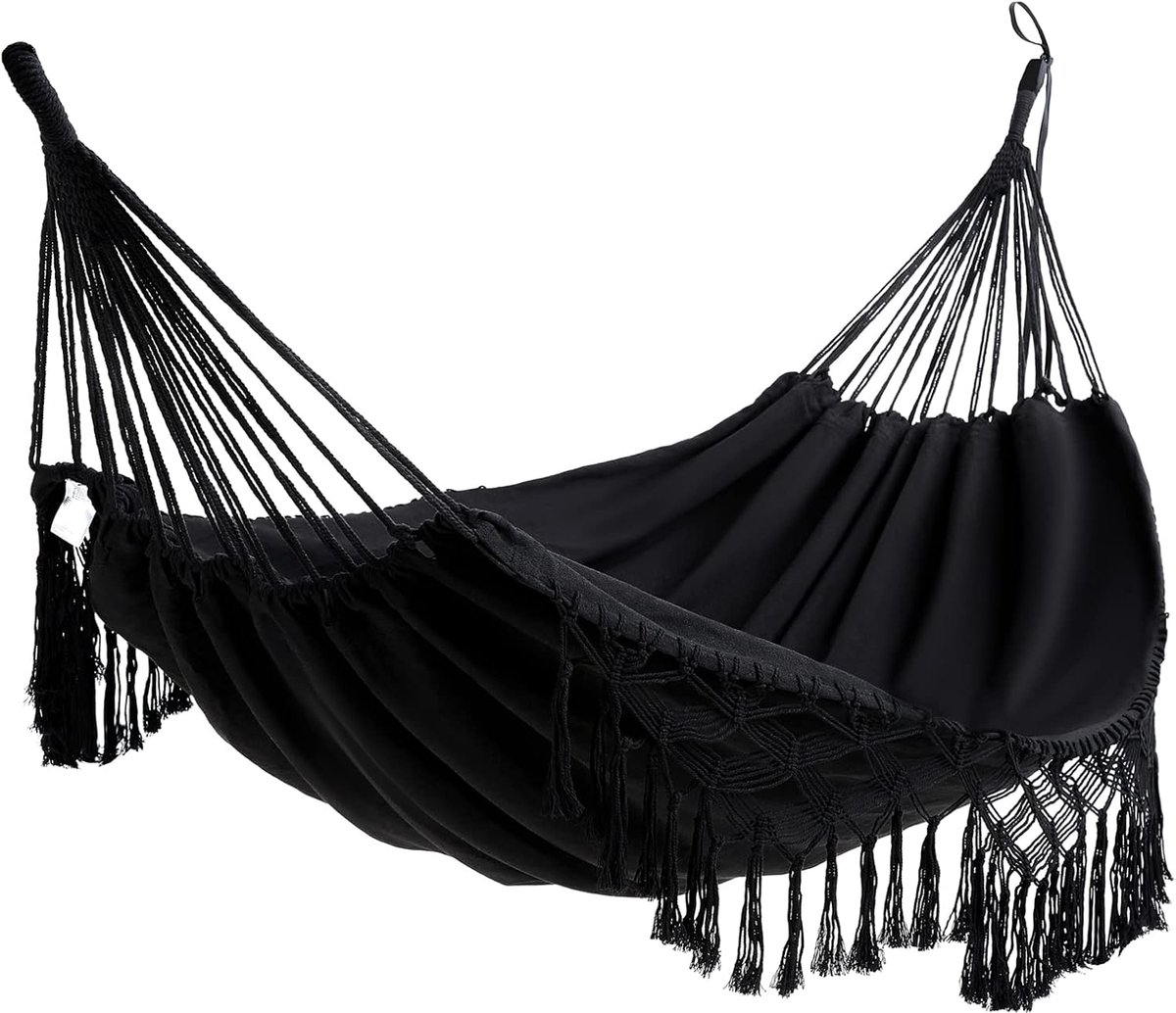 Hangmat Voor Thuis Indoor Outdoor boho hangmat macrame hangmat Grote Katoen Zachte Hangmat Bed voor twee personen Patio Achtertuin Veranda Gazon en Tuin (Zwart, Lading: 500 lbs)