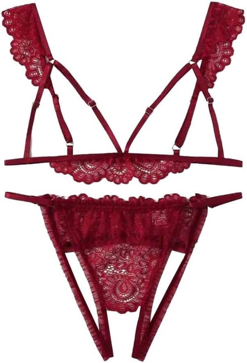 Nachtkleding kant lingerie sexy jurk met string voor damesVrouwen Plus Size V-hals Holle Beha + String Lingerie Ondergoed S-2XL sexy sexy kostuum-Red_M