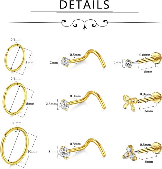 Neuspiercing, voor dames en heren, labret-piercing, lippiercing, push-in flat back, stud, oorringen, Cz Nose Nostril, tragus, helixpiercing — afbeelding 4
