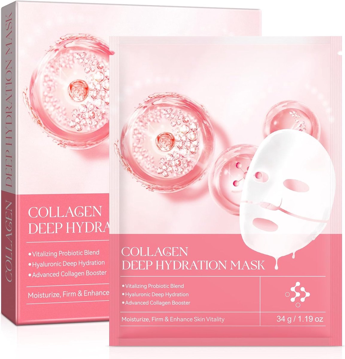 Collageen gezichtsmasker, 4 stuks biologisch collageenmasker 's nachts, hydraterend anti-rimpel lifting-masker, anti-aging en poriënminimaliserende collageenmasker
