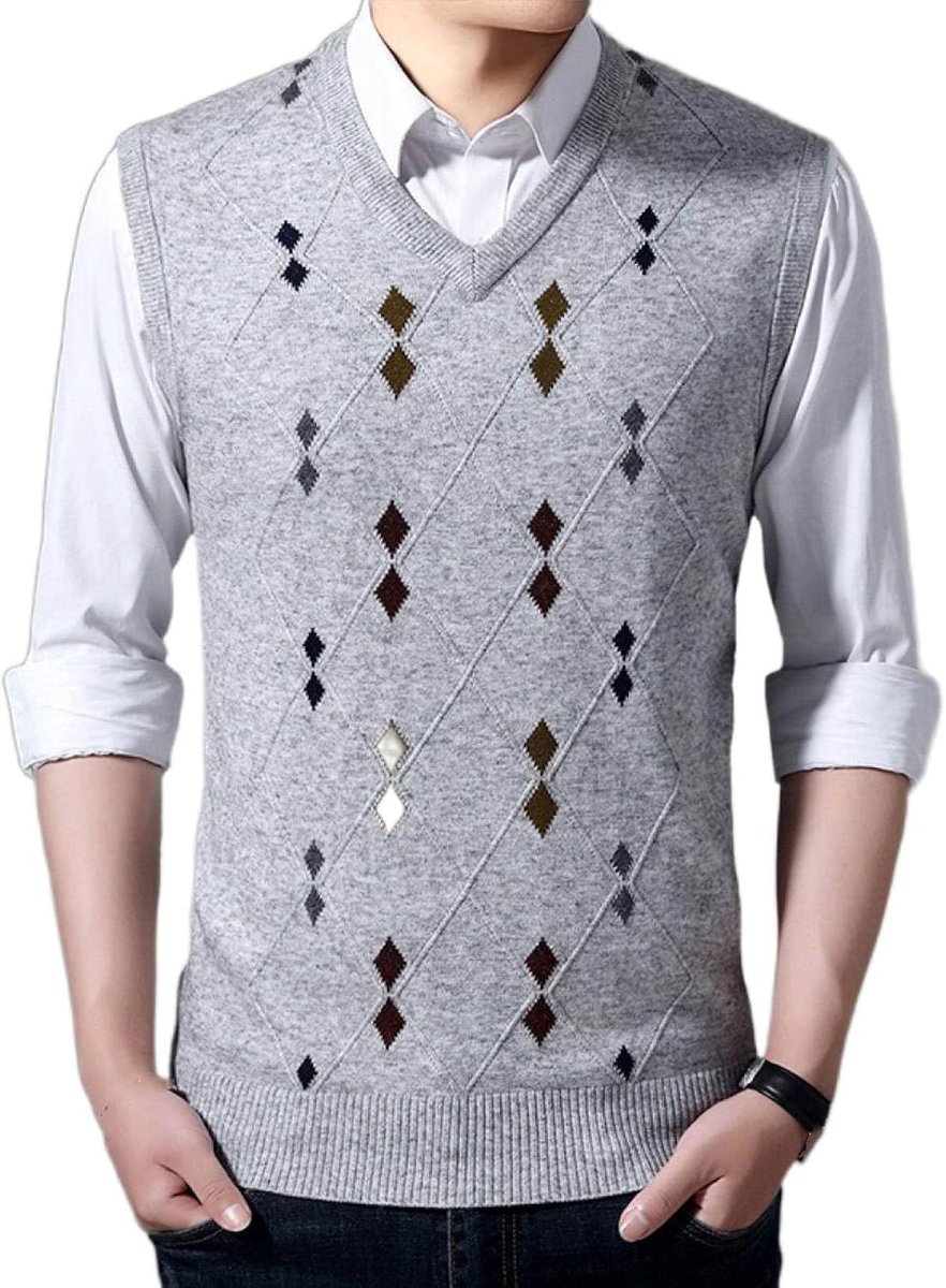 Argyle V-Hals Mouwloze Trui Trui, Herfst En Winter Heren Gebreid Trui Vest, Middelbare Leeftijd Kleur Bijpassende Verdikte Casual Heren Gebreide Trui Tanktops, Lichtgrijs, S