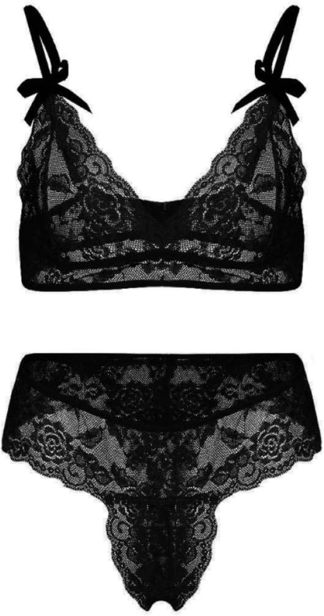 Lingeriesets dames 2 ST Vrouwelijke Erotische Lingerie Porno Kant Draadloze Beha String Verleiding Ondergoed Sexy Vrouwen Kostuums Set-Black_S