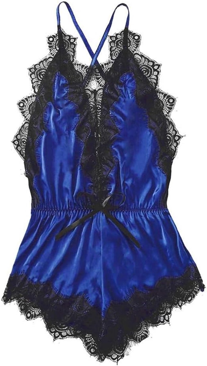 Bodystockings dames Vrouw Slaap Sexy Zijden Kimono Siamese Lace Lingerie Nachtkleding-Blue_M