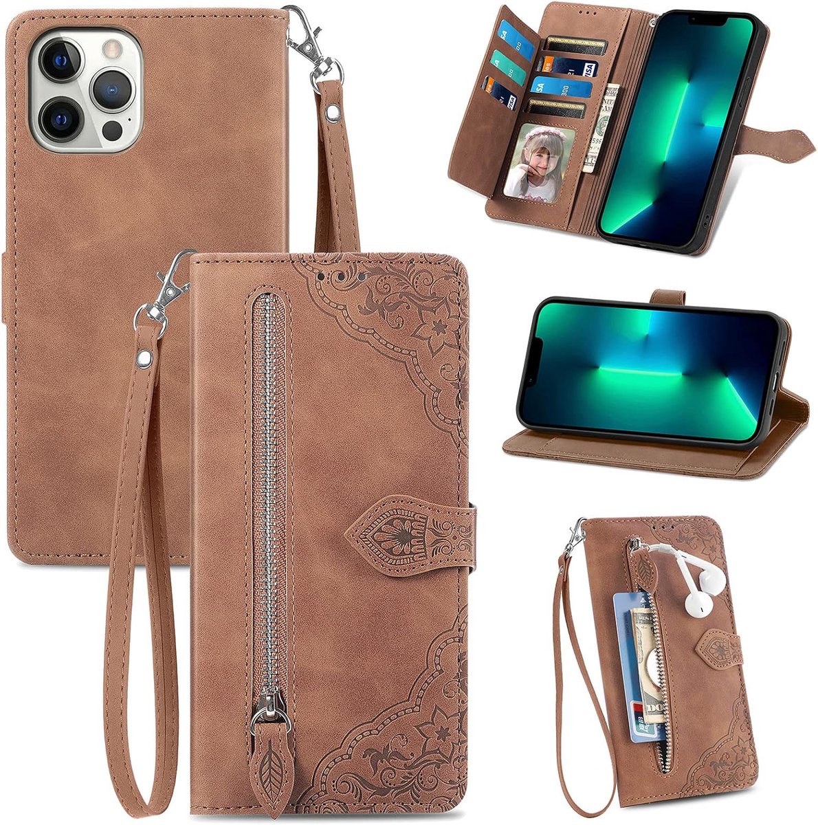 Hoes voor iPhone 12 Pro Max (6,7 inch), standfunctie lederen telefoonhoes met grote capaciteit magnetische sluiting kaartsleuven compatibel met iPhone 12 Pro Max - Bruin