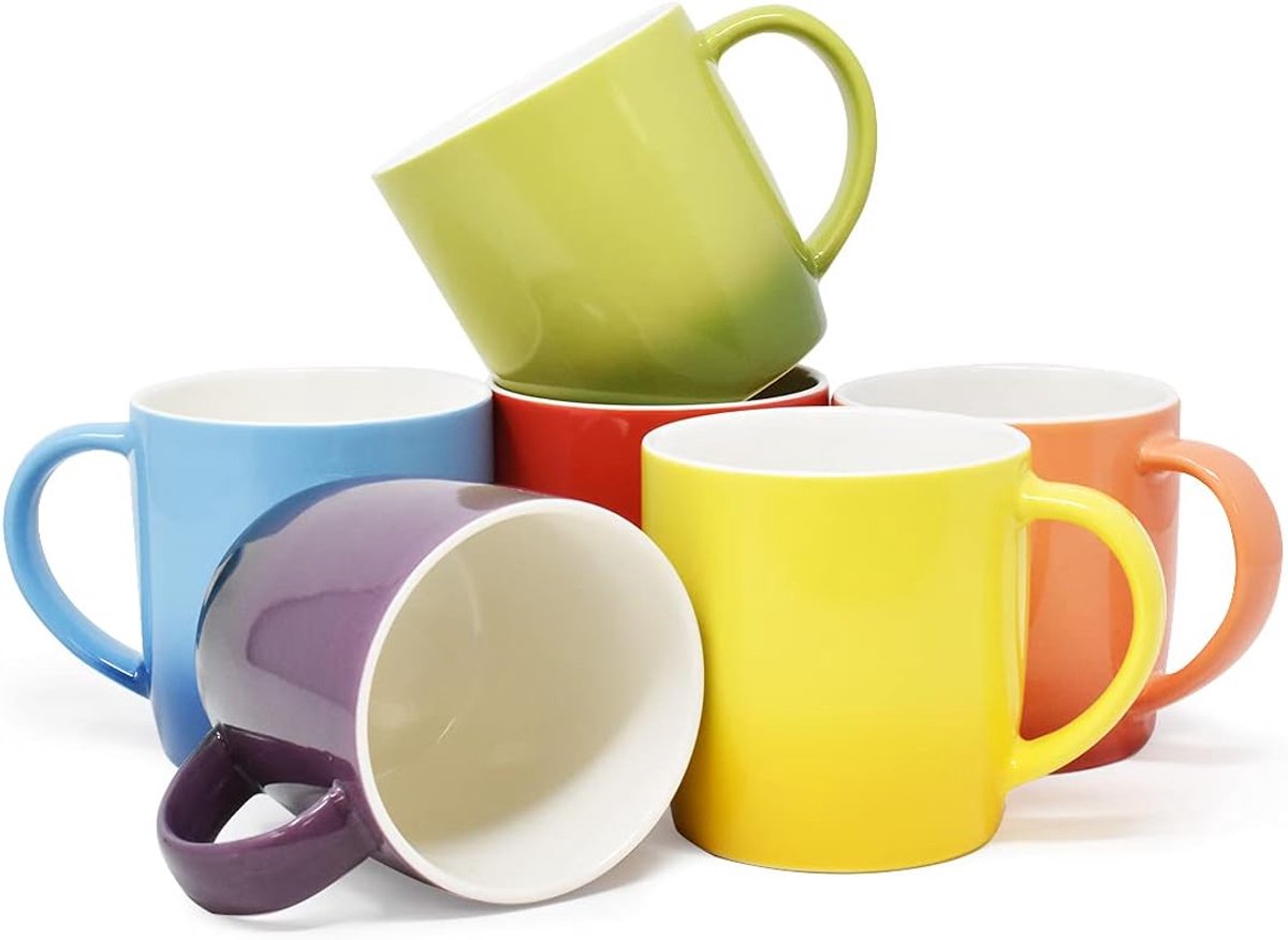 Kitchen Set van 6 x 350ml Gekleurde Koffiemokken steengoed theemok - Koffie thee chocolade en andere dranken langer warm of gekoeld te houden