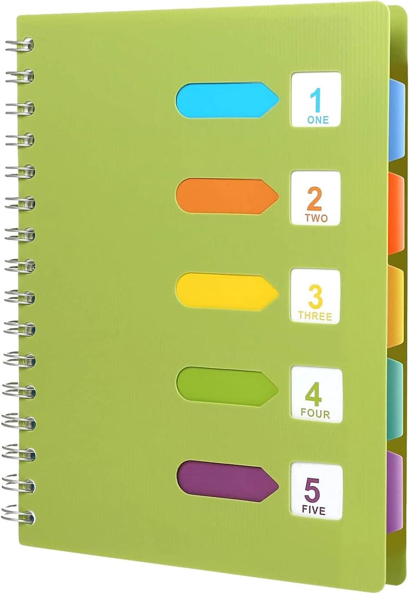 Spiraalnotebook, Vaknotebooks 120 Pagina's met 5 Scheidingsbladen Index Gekleurde Tabbladen, Hardcover Memo Planner voor Student Kantoor Schrijven (Groen)