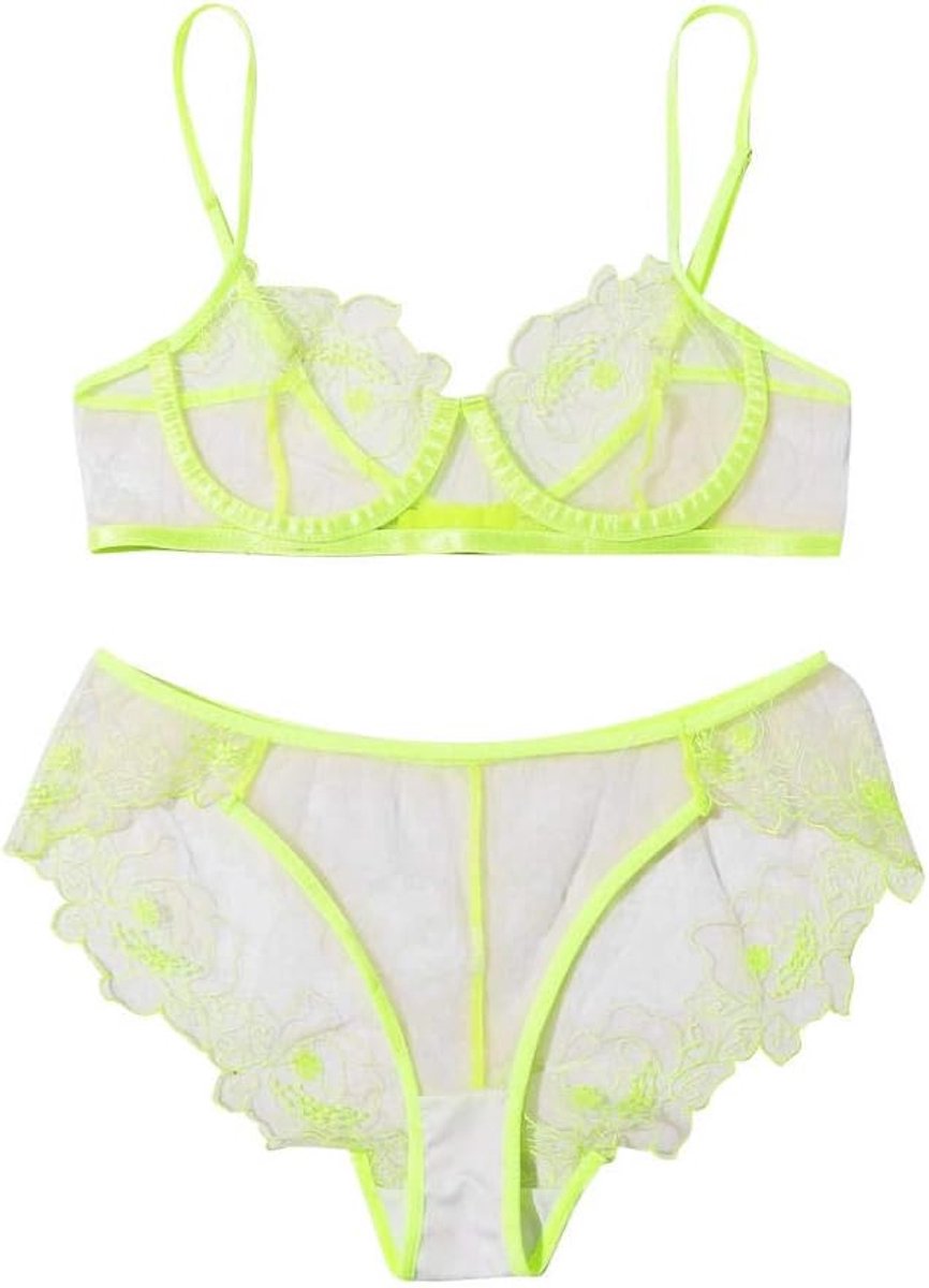 Dameskleding Vrouwen Sexy Lingerie Doorzichtige Bh Slips Kanten Nachtkleding Porno Ondergoed Erotisch Kostuum Temptation-Yellow_S