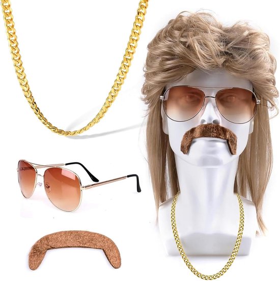SnelShoppen - Mulet Pruik Heren Jaren 70/80, Lichtbruin, Lange Krullen, Kunstbaard, Zonnebril, Halsketting voor Carnaval, Cosplay, Halloween en Themaf