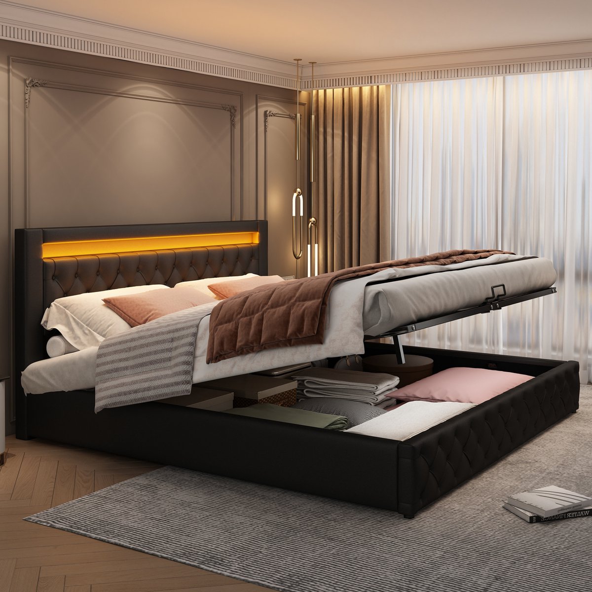 WUVRIE Tweepersoonsbed 160x200 cm met opklapbare lattenbodem, opbergruimte en LED-verlichting, zwart