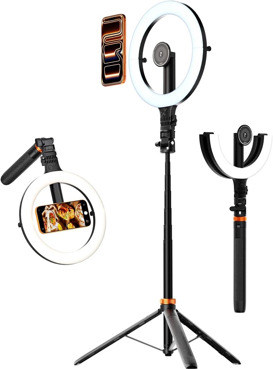 SnelShoppen - 10,2" Magnetisch LED Ringlicht met 76" Verstelbaar Statief, Oplaadbaar 5000mAh Selfie Ringlicht voor Telefoon, 3000K-6500K Verlichting v