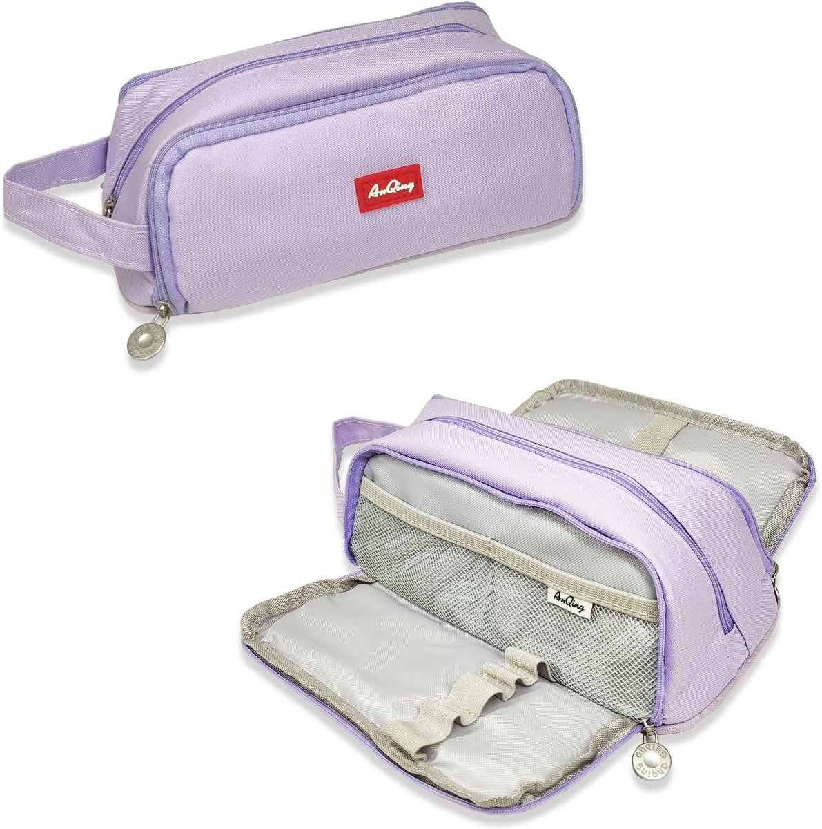 SnelShoppen - Grote Zwarte Pennenbak met Paarse Accenten en 3 Compartimenten - Multifunctioneel Etui voor Kantoor, School, Creatief, 21x11x9 cm - Gesc