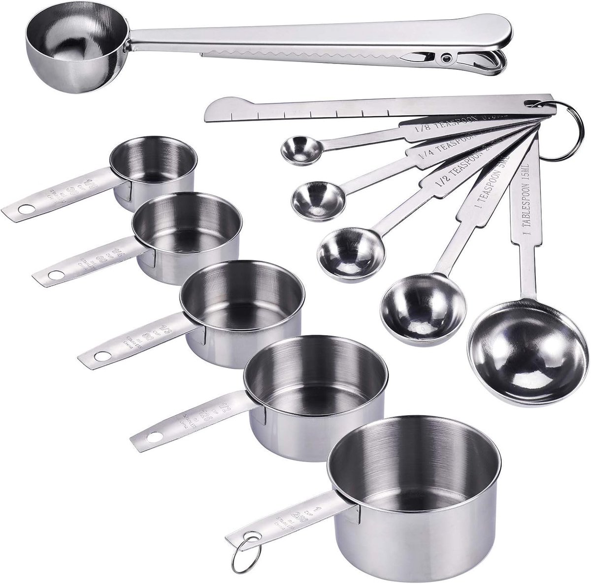 SnelShoppen - Set van 12 Roestvrijstalen Maatbekers en Maatlepels met Meetliniaal, Duidelijke Schaalverdeling van 0,3ml tot 250ml, Voor Bakken, Koken,