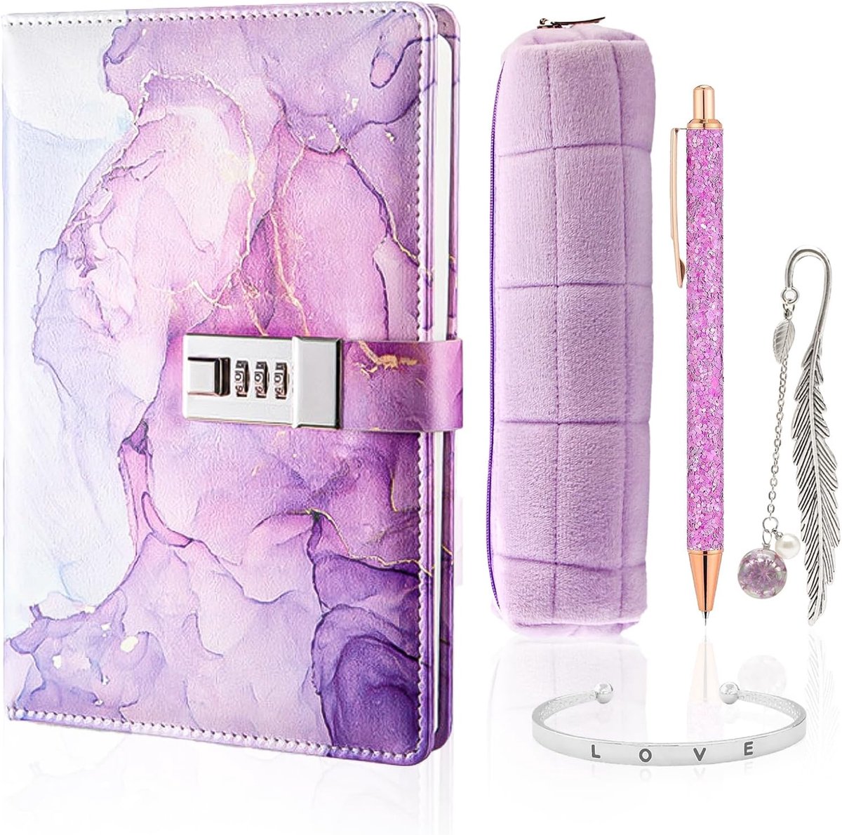 SnelShoppen - Stationery set voor meisjes, cadeau voor de eerste schooldag, inclusief dagboek met slot, bladwijzer, etui, balpen, armband, paarse scho