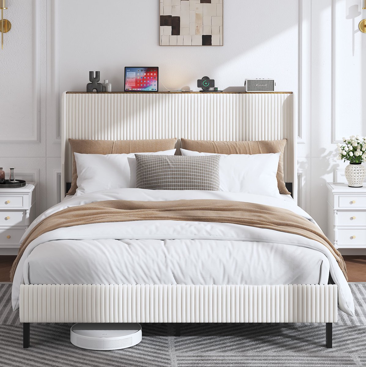 WUVRIE Gestoffeerd platformbed 160x200 cm met ribfluwelen hoofdbord en metalen lattenbodem, beige/crème