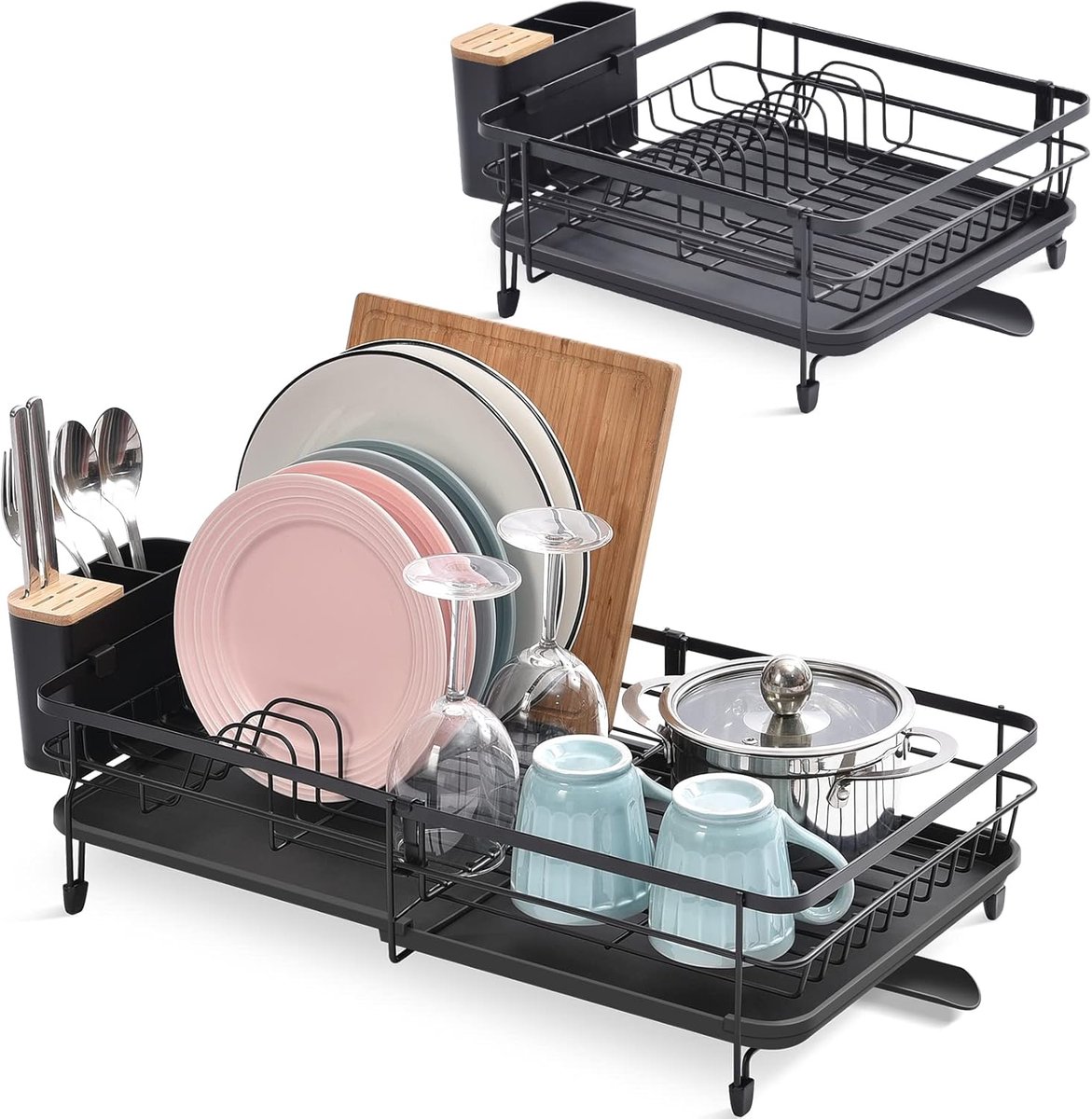 SnelShoppen - Expandable Drainer Kitchen - Verstelbaar Afwasrek, Vouwbaar Droogrek met Afneembare Bestekhouder, Draaibare Afvoerslang, Roestbestendig