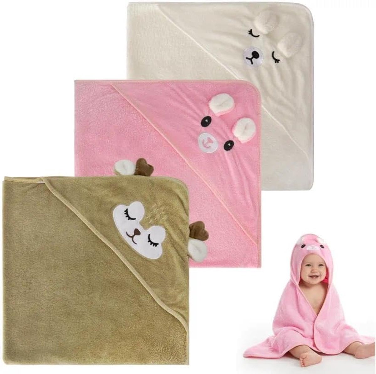 SnelShoppen - 3 Pcs Baby Hooded Towel 80 x 80 cm - Zachte Badcape met Kap voor Baby's - Ideaal voor Nieuwborns - Schattige Baby Handdoeken - Perfect v
