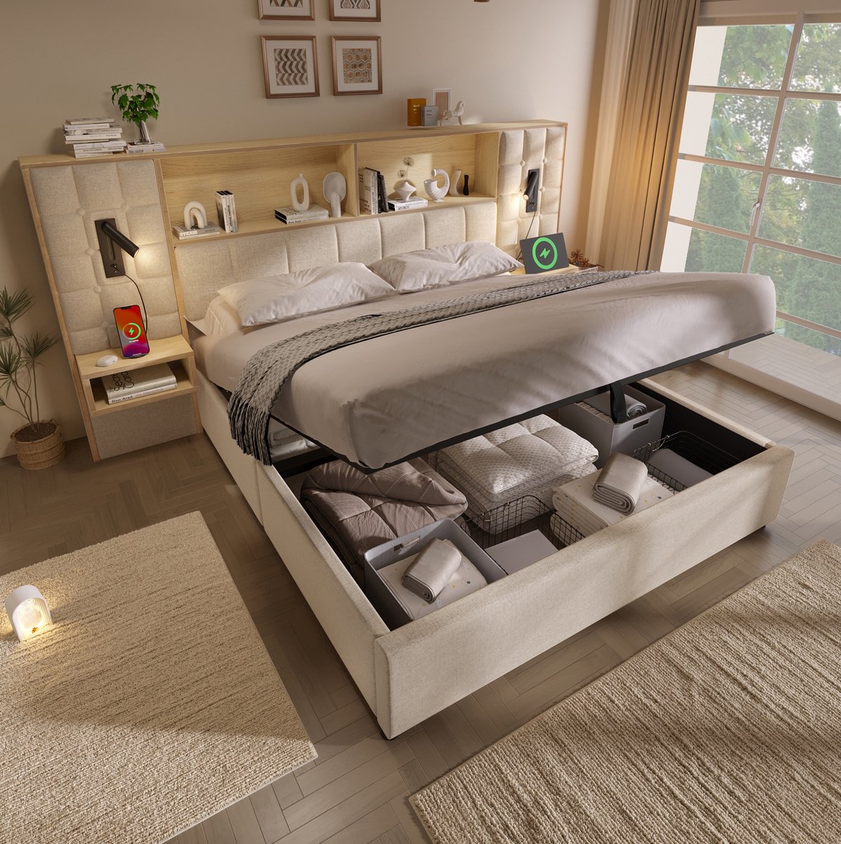 WUVRIE Opbergbed 180x200 cm met LED, 2 leeslampen, nachtkastjes, USB en USB-C, beige