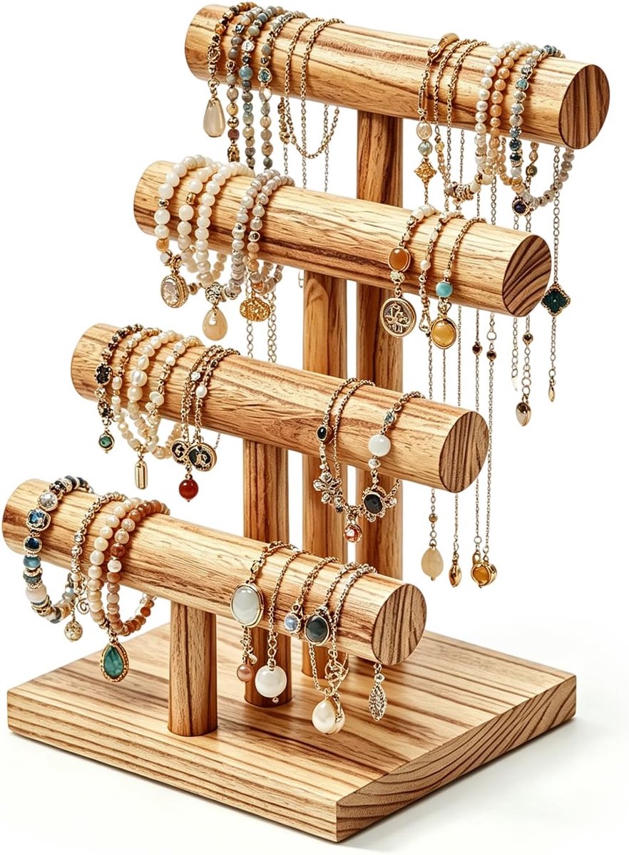 SnelShoppen - 4-Laags T-Vormig Houten Armbandhouder, Vintage Sieradenstandaard, Verwijderbare Horlogehouder voor Armbanden, Haarspelden, Horloges, Per