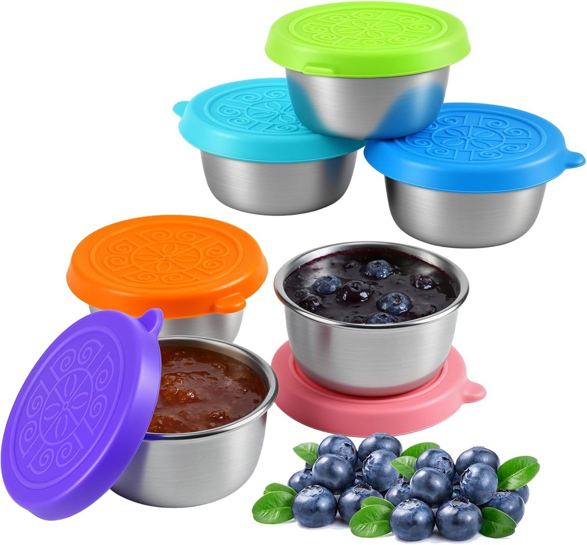 SnelShoppen - 6 Stuks Lekvrije Saladedressing Containers 50 ml - Roestvrijstalen Snackbox Accessoires met Siliconen Deksels - Ideaal voor Kinderen, Sc