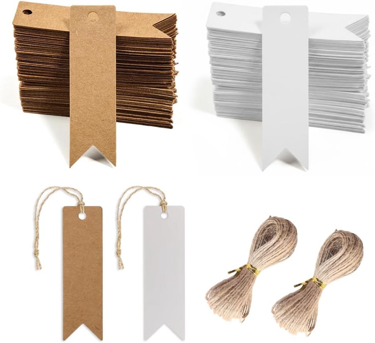 SnelShoppen - Pack van 200 Geschenk Labels 2x7 cm, Kraft Papier met 40 m Jute Touw, Perfect voor Cadeaus, Bruiloften, Kerst, Knutselen, 2 Kleuren