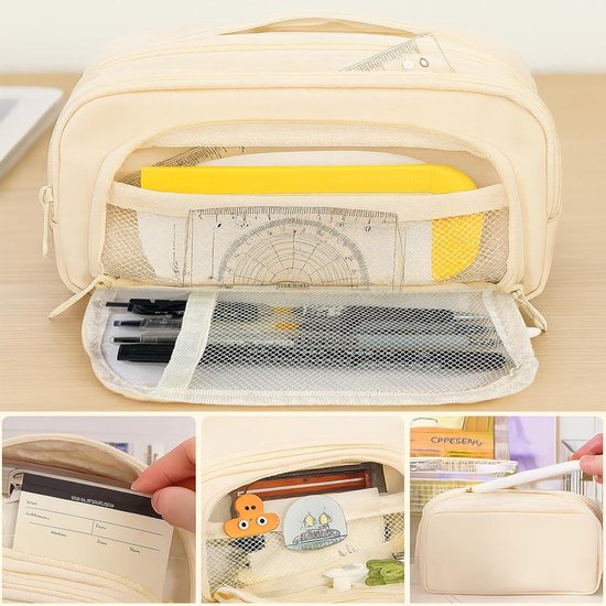 Etui met 3 vakken, groot, met geodriehoek, XXL volume Oxford-stof (21 x 7 cm), voor school, studie, kantoor, professionele organizer met netvak en pennenlussen, jongens, meisjes — afbeelding 2
