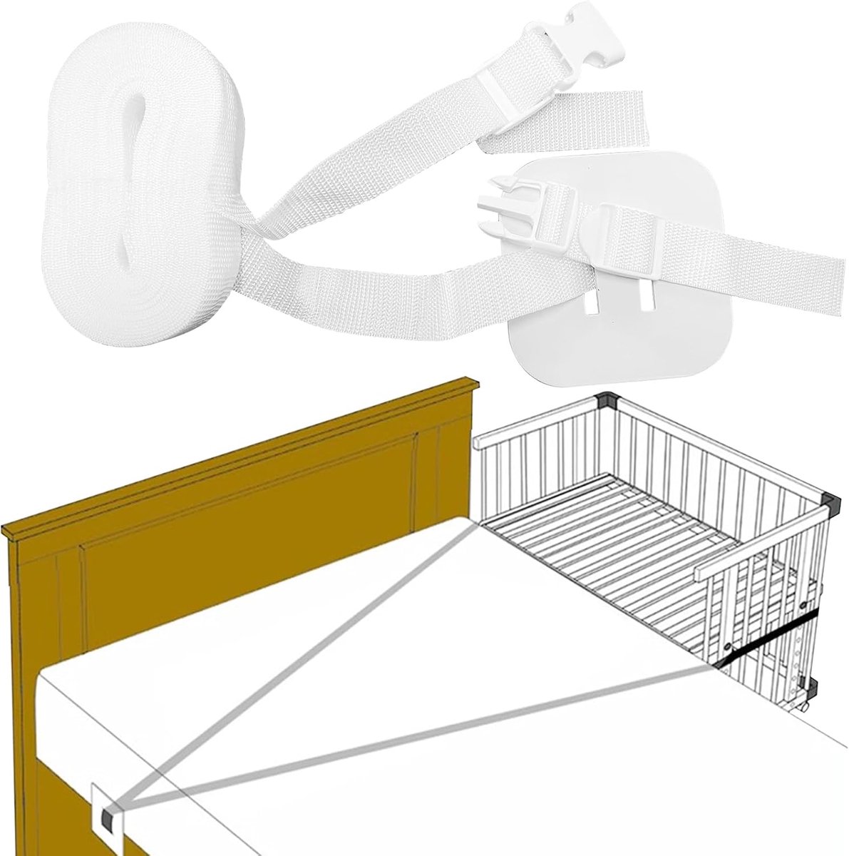 Tekenewbse 6 m babybedaccessoires, riem voor babybed, riem voor babybed, bijzetbedbevestiging, vaste riem voor ledikant, riem voor bijzetbed om aan het volwassenenbed te bevestigen (wit)