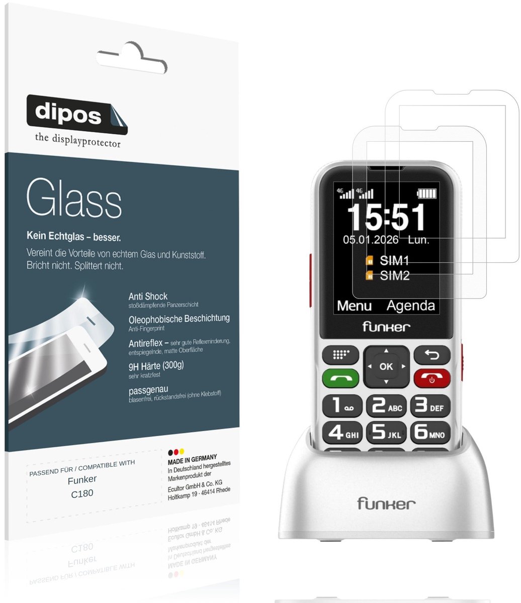 dipos – 2x Matte Pantserfolie geschikt voor Funker C180 | 9H Screenprotector