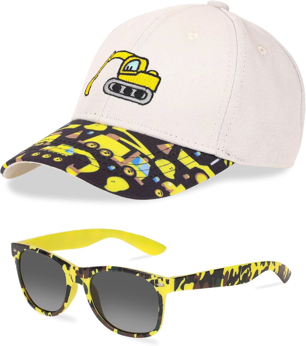 Honkbalpet voor kinderen, jongens, zonnebril, graafmachine en dinosaurus, baseballpet, verstelbare baseballpet, snapback pet, zomer, zonnepet, uv-bescherming, pet voor kinderen, jongens, 2-8