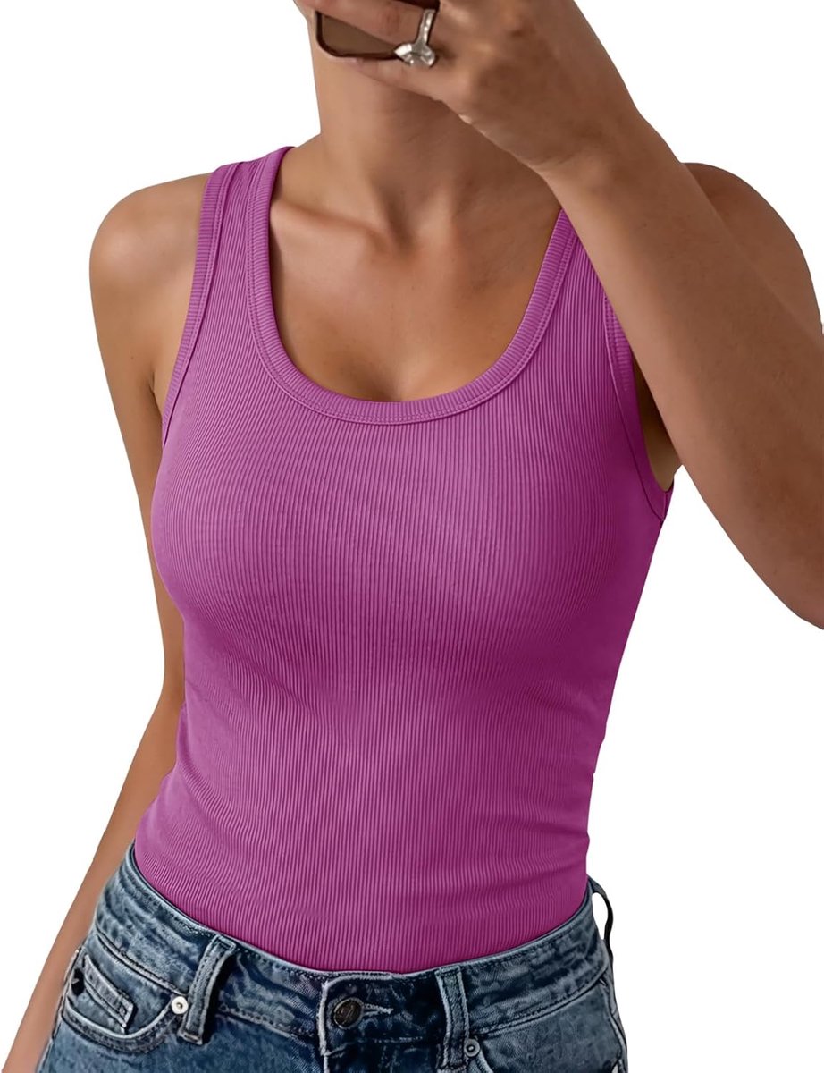 Tanktop voor dames, zomer, mouwloos, bovenstuk, geribbeld, sexy, U-hals, top, basic, effen, slim fit, stretch shirt, cami