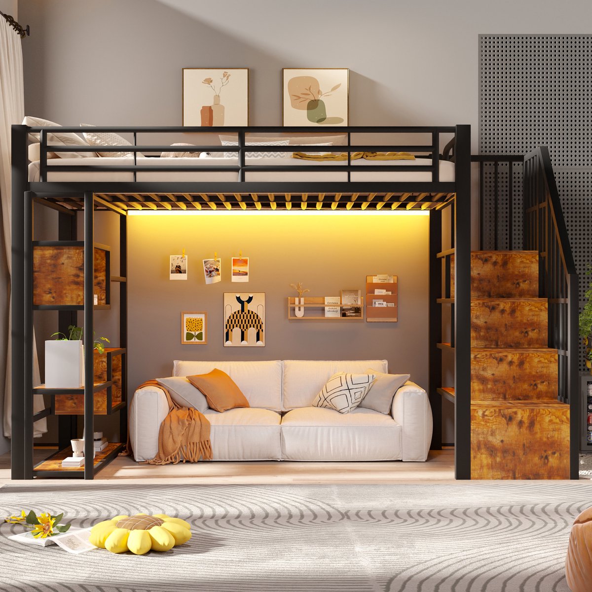 VVBV Hoogslaper 90x200 – Metalen Hoogslaper met Opbergruimte, Legplanken, Ladder, Trap, Uitvalbeveiliging en LED-Verlichting – Zwart