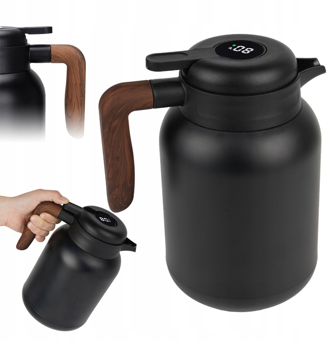 Thermoskan 1500 ml - Dubbelwandige Isoleerkan - Vacuümfles - 316 Roestvrij Staal - Lekvrij - Slimme Temperatuurweergave - Houtnerf Handvat - Antislip Voet - Koffiekan & Theepot - Voor Thuis & Kantoor & Reis - Zwart