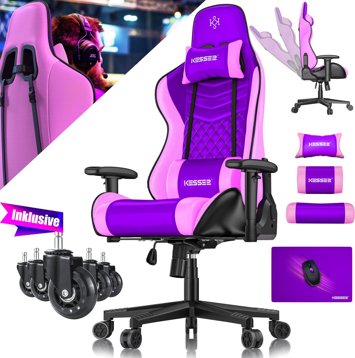 KESSER® Gamingstoel - ergonomisch met hoofdsteun en lendenkussen - 150 kg belastbaar - roze/violet