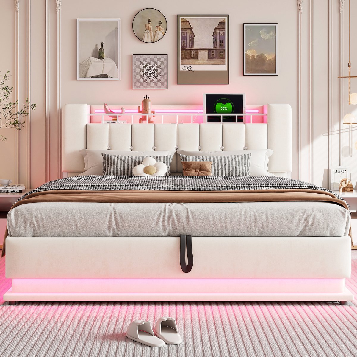 WUVRIE Gestoffeerd bed 180x200 cm met LED, USB-aansluitingen en hydraulische opbergruimte, beige