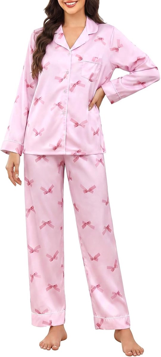 Pyjama voor dames, satijn, lang, tweedelig, zijde