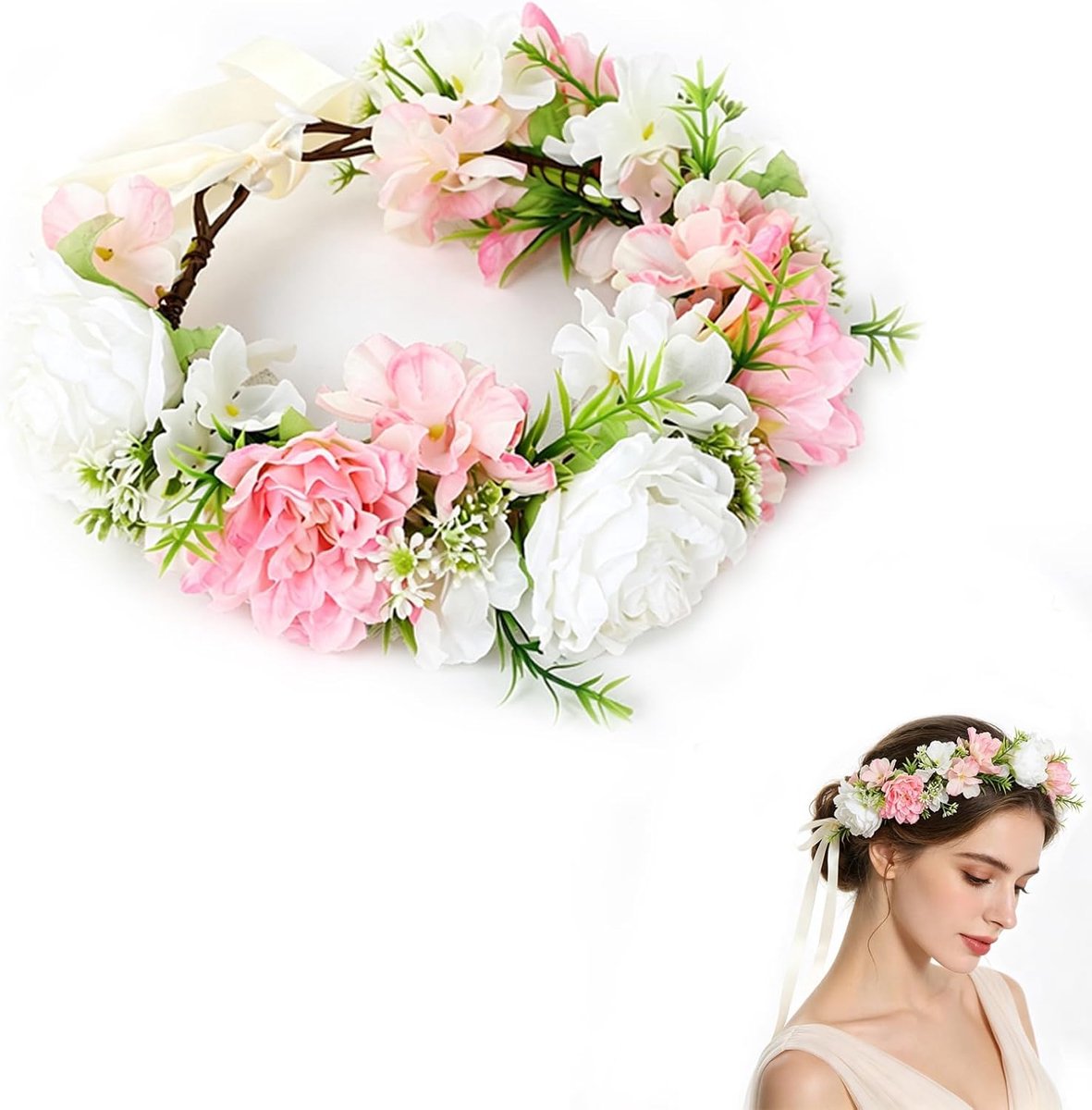 Haar, bloemenkroon, bloemenhoofdband, verstelbaar, beige en roze