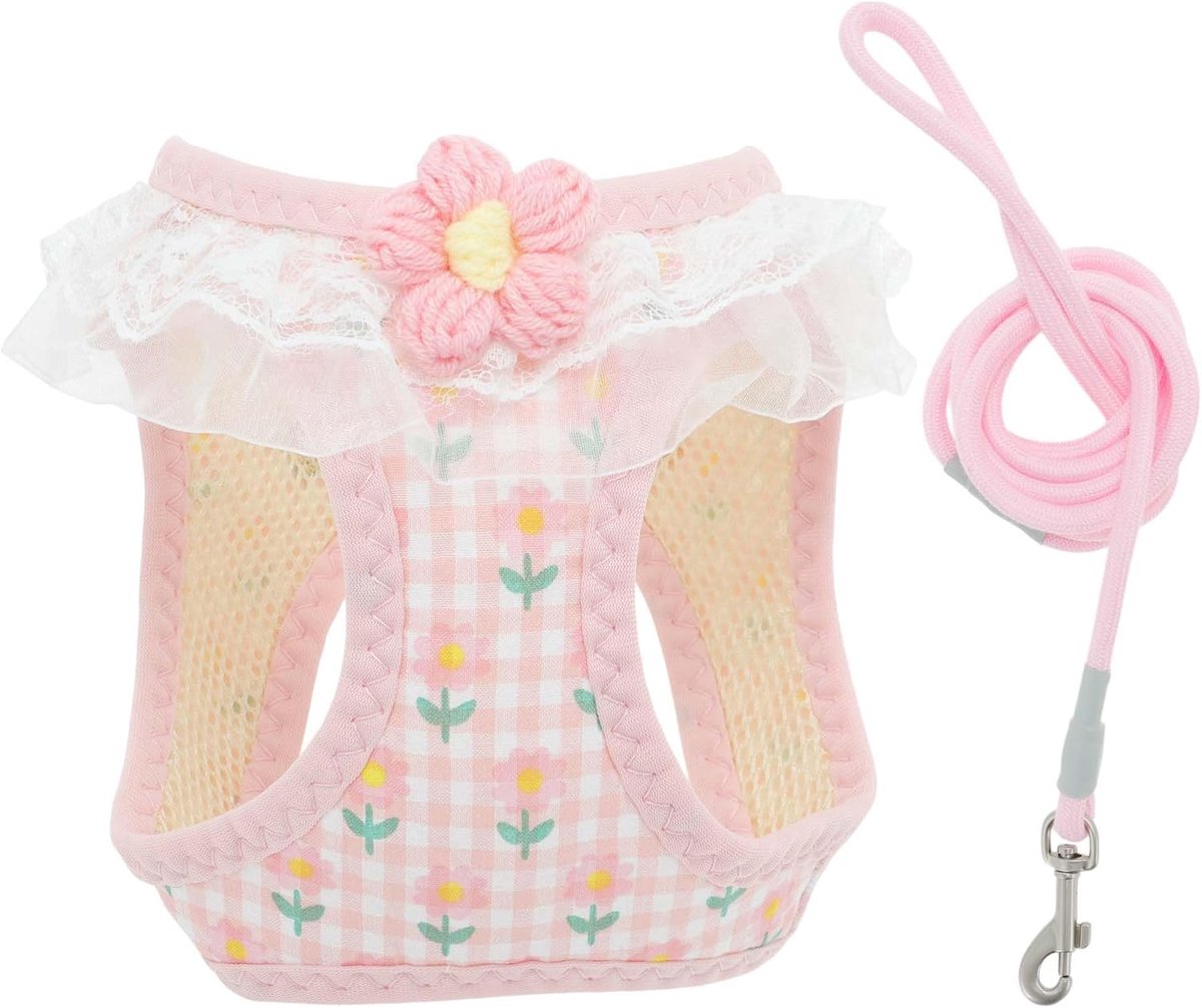 Hondenharnas en riem, klittenbandsluiting, huisdierharnas, verstelbare veters, licht, zacht, met bloemenpatroon voor wandelingen, L, roze