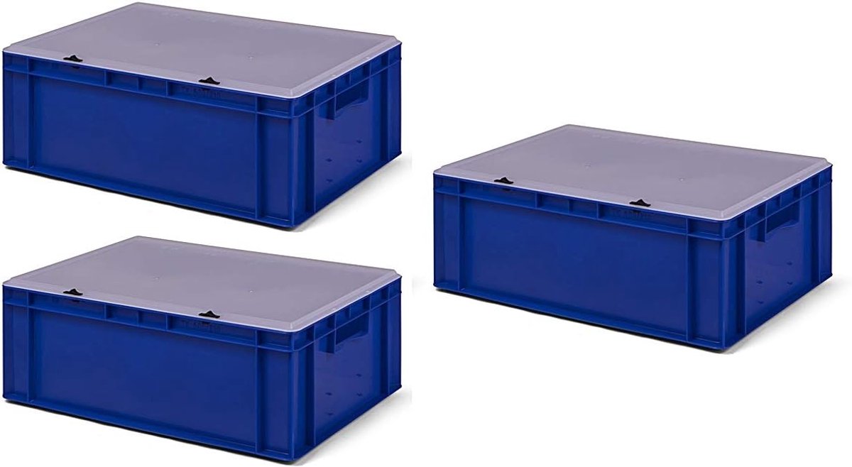 3 stuks TK621-TD, Transportstapelbak blauw met transparant afsluitdeksel, 600x400x221/210 mm (LxBxH), volume 40 liter, draagvermogen 50 kg, voedselveilige industriekwaliteit van PP