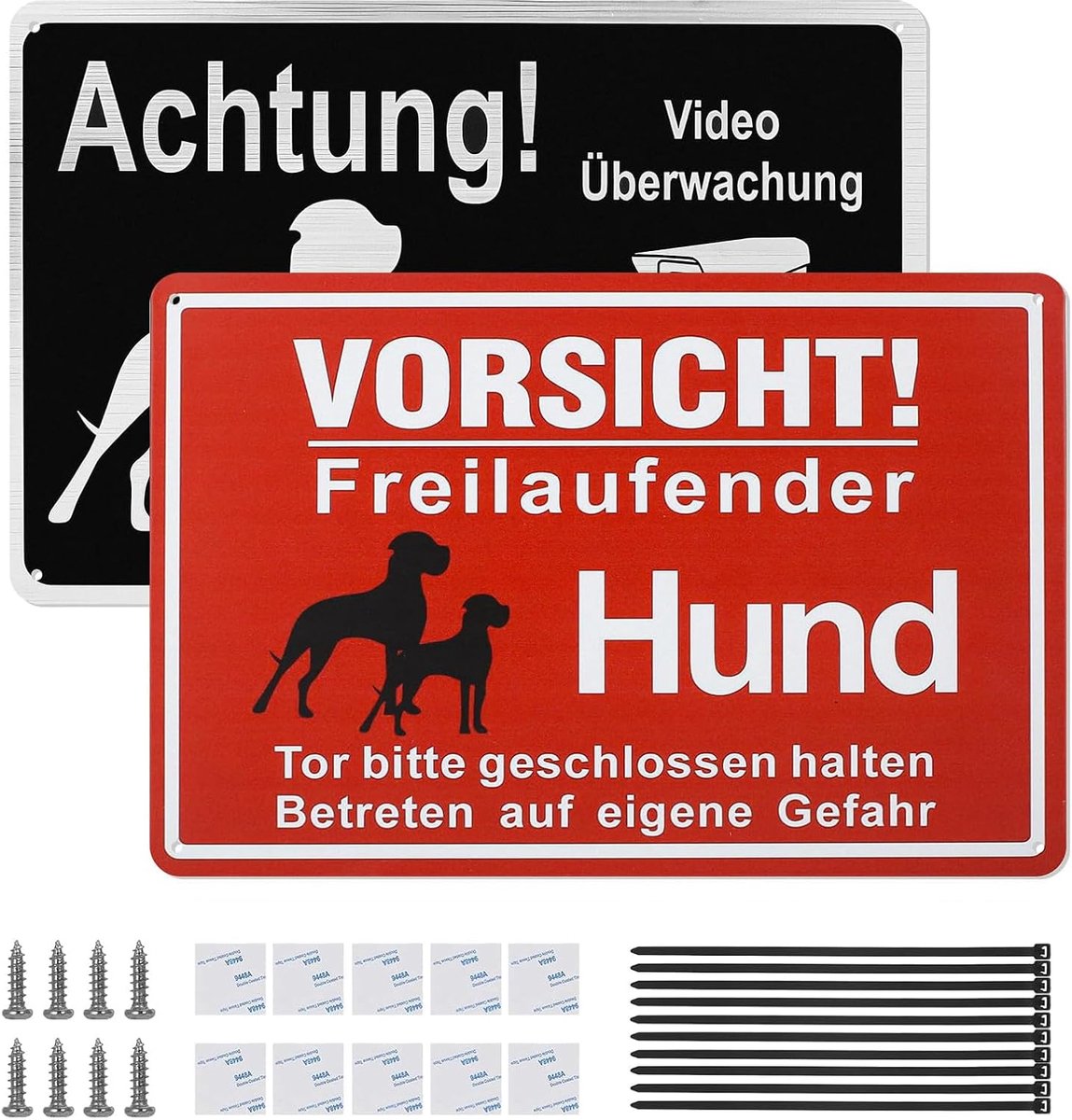 Hondenbord, 20 x 30 cm, 2 stuks, waarschuwing voor de hond, waarschuwing, videobewaking, bord voorzichtig, vrijloophond, metalen bord, waarschuwing, binnen en buiten te gebruiken