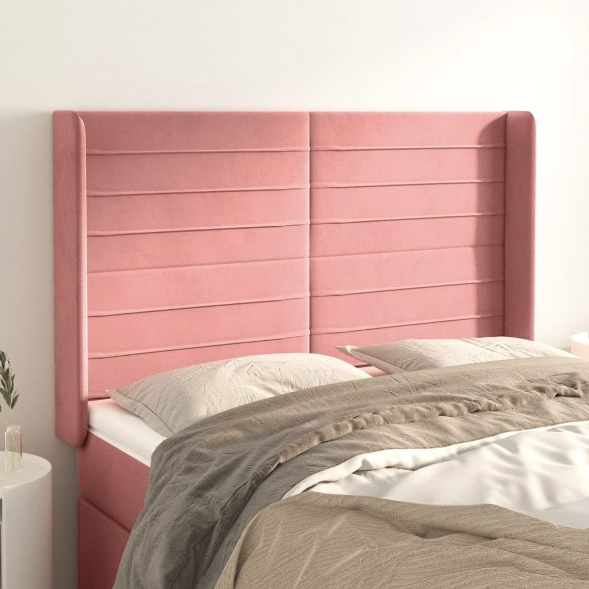 Hoofdbord met oren, roze, 147 x 16 x 118/128 cm, fluweel, voor de slaapkamer, hotel, hoofdeinde, werkkamer, voor slaapkamer, tweede slaapkamer, hotel