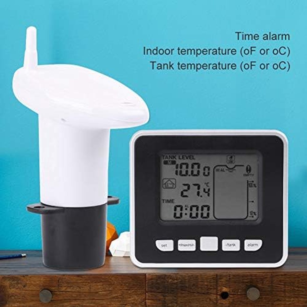 Watertank-meetinstrument met watertemperatuurweergave voor de binnentemperatuur, LCD-display.