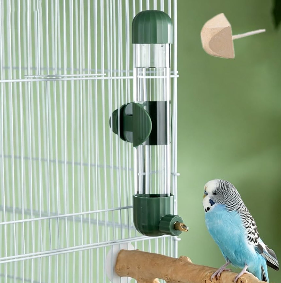 Waterfles en kooidispenser, 220 ml, automatisch paradijs, geen rommel, voor agapornis en kanarievogels, 1 molarsteen (groen water)