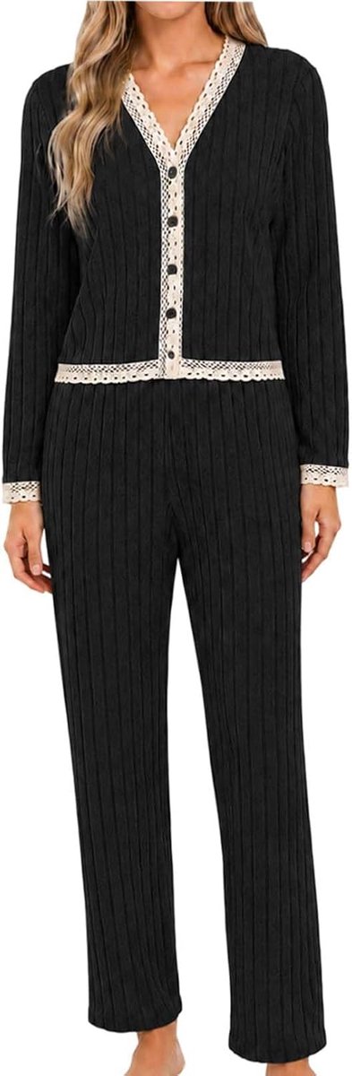 Damespyjama met lange mouwen en kant, voor herfst en winter, S-XL