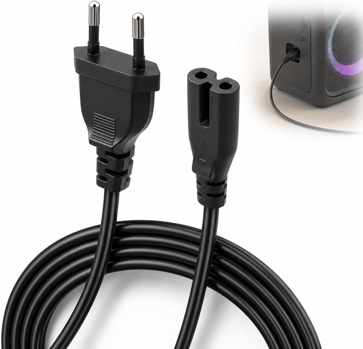 150 cm netsnoer 2-polig, eurostekker naar IEC C7-aansluiting, zwart