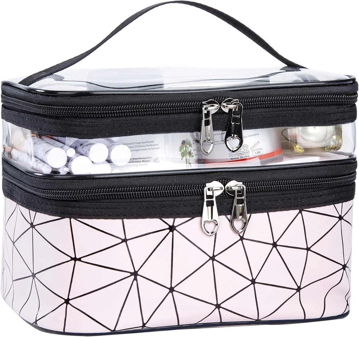 Tas, dubbellaagse toilettas, draagbaar, transparant, reizen, make-uptas, grote make-uptas, case, organizer, waterdicht, waszak voor mannen en vrouwen, roze, L, Stijlvol